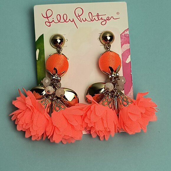 Lilly Pulitzer Full Bloom Earrings Tangelo Gold Tone Statement Elegant Casual - Picture 5 of 5